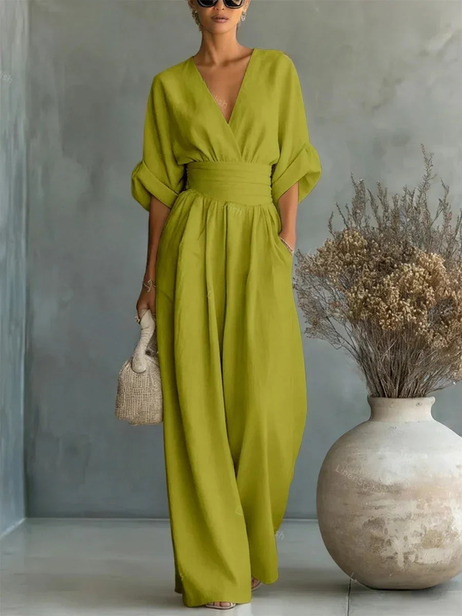 ESSENTIAL - Mono elegante de cintura alta con cuello en V