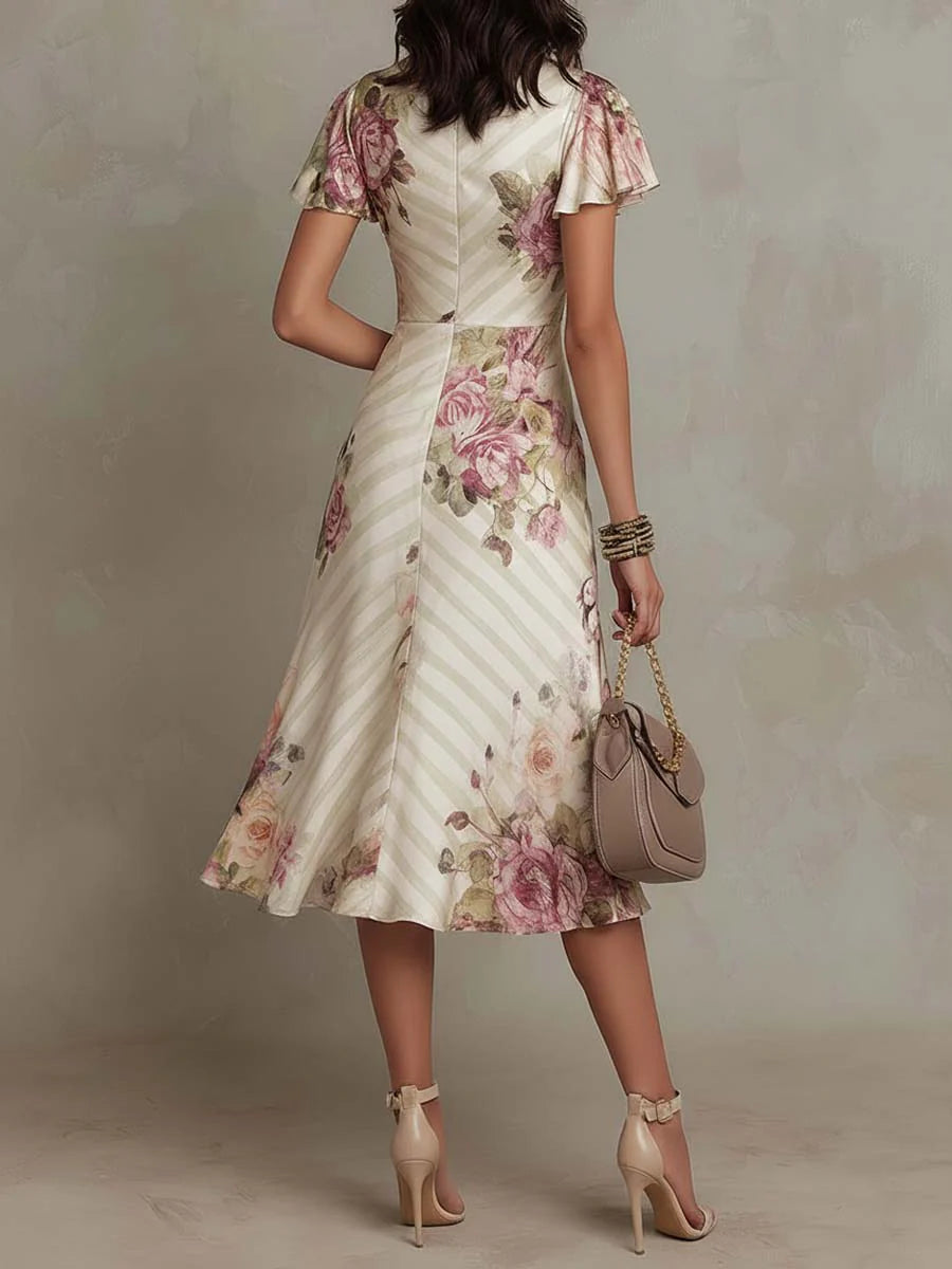 ESSENTIAL - Alba | Vestido midi elegante de satén con estampado floral retro ✨