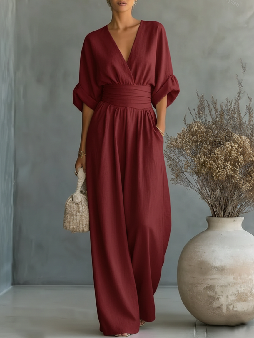 ESSENTIAL - Mono elegante de cintura alta con cuello en V