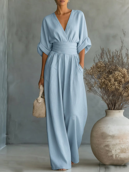 ESSENTIAL - Mono elegante de cintura alta con cuello en V
