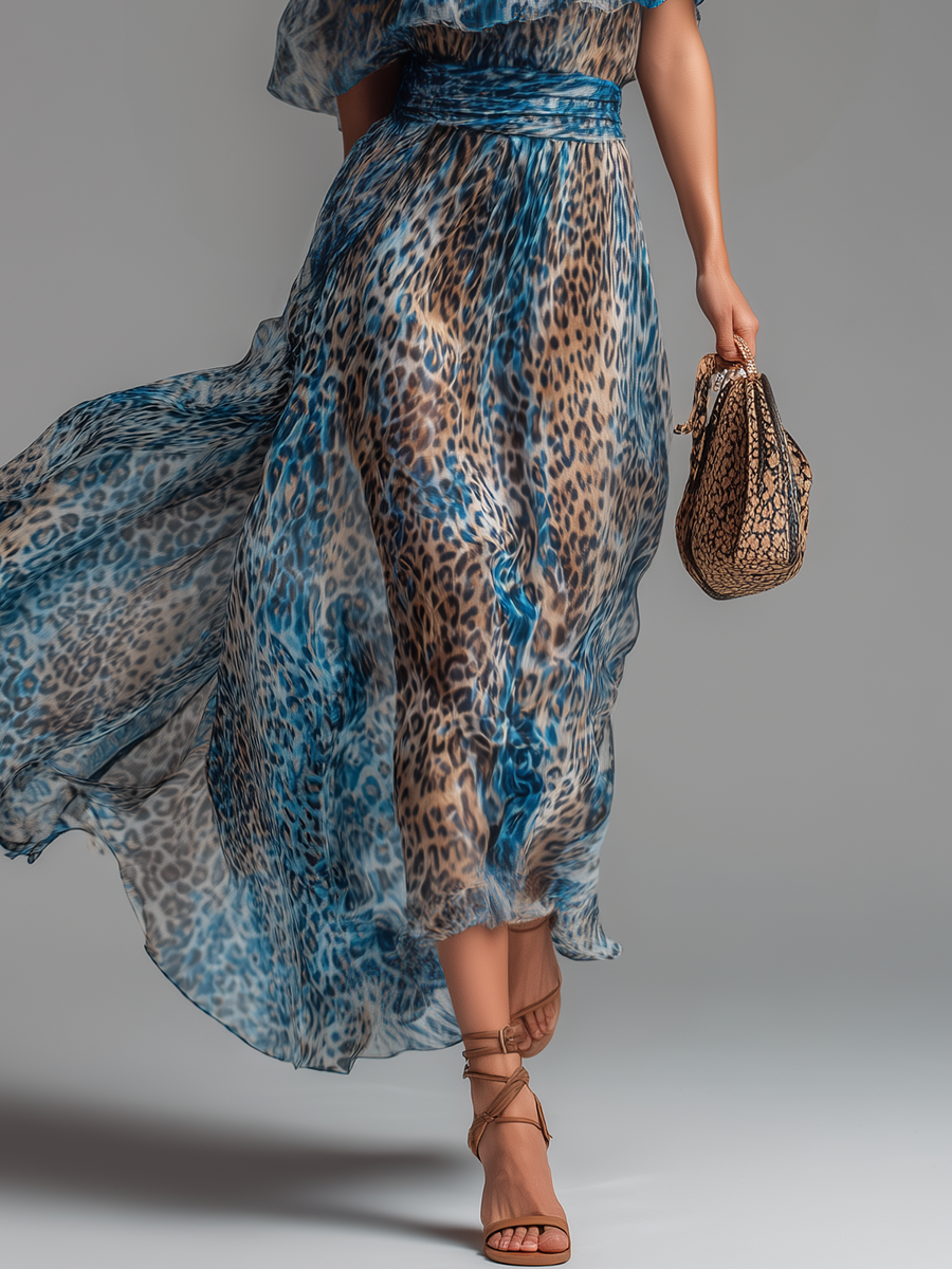 🔥 Selvaggia – Vestido largo de gasa con hombros al descubierto y estampado de leopardo