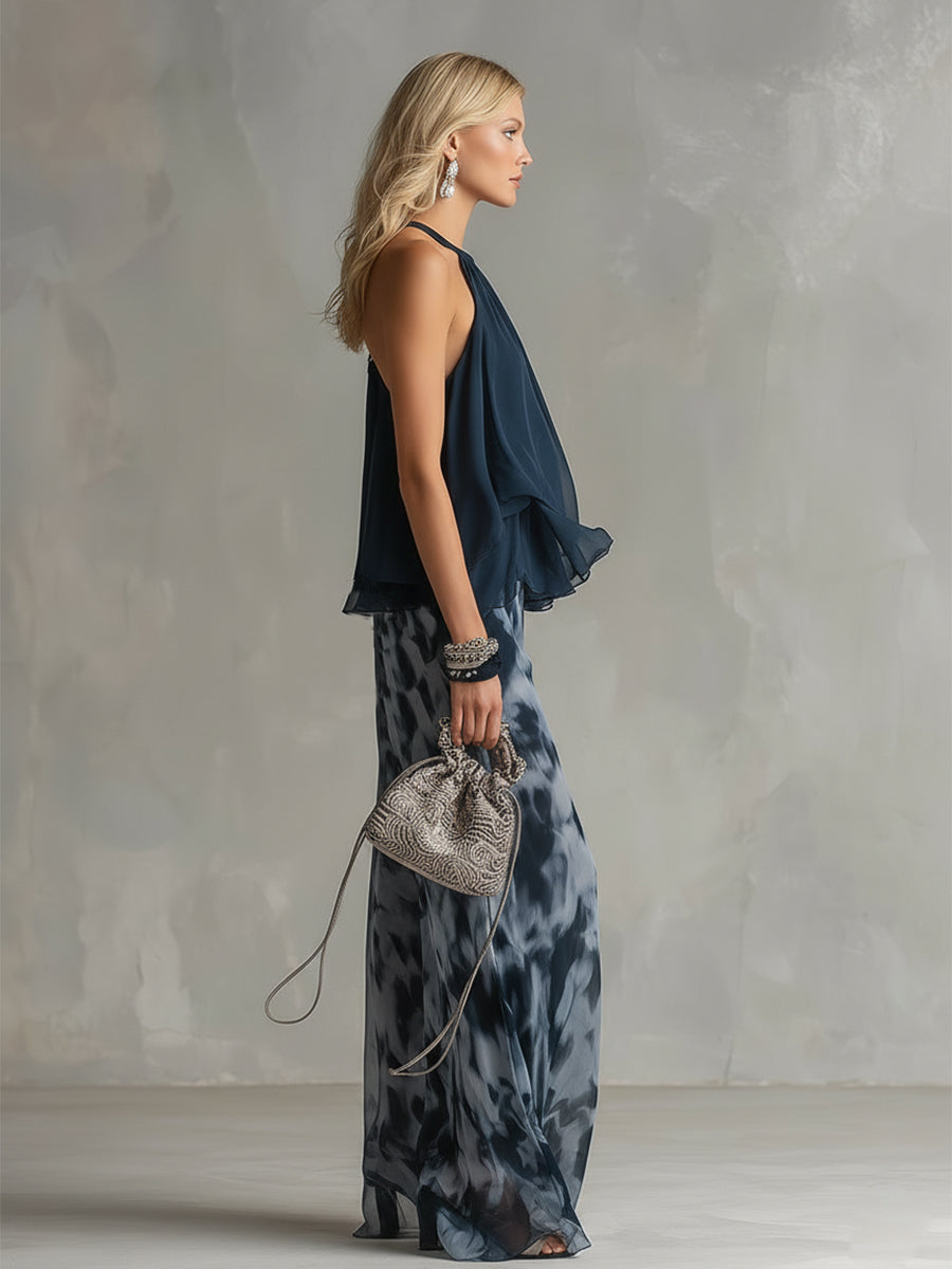 ESSENTIAL - Ludovica – Conjunto elegante de gasa con top de cuello alto y pantalón ancho estampado