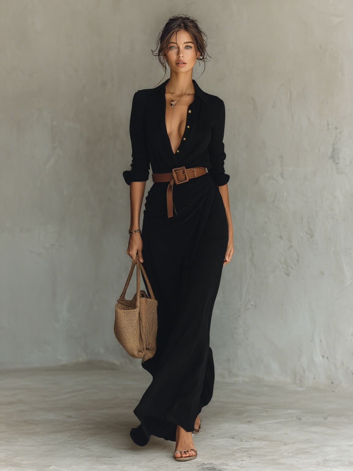 ESSENTIAL - Vestido largo de mujer con cuello de solapa y manga larga