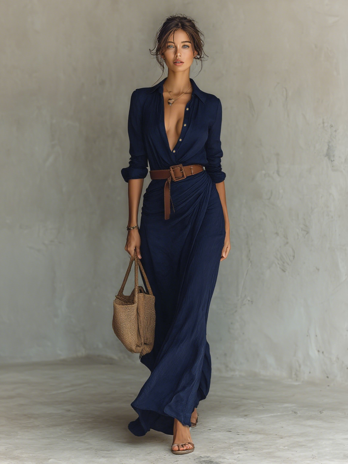ESSENTIAL - Vestido largo de mujer con cuello de solapa y manga larga