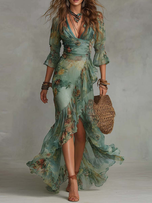 Aurora – Vestido largo boho floral con romántico bajo asimétrico