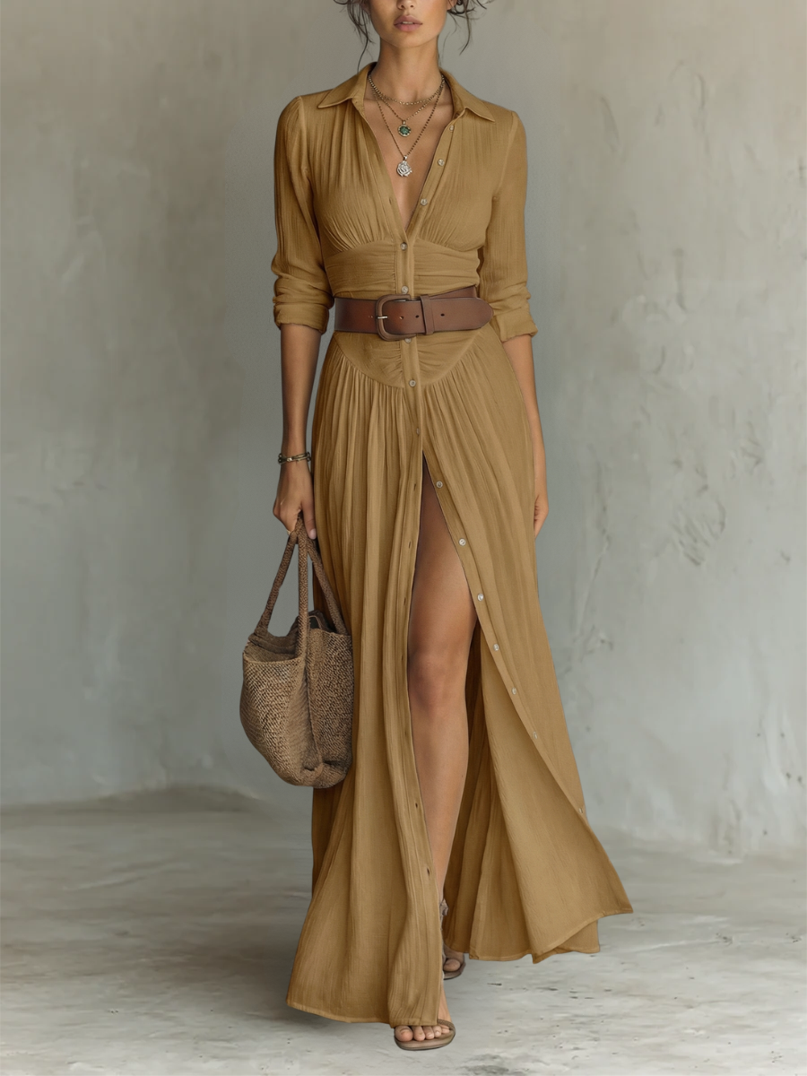 ESSENTIAL - Vestido largo de mujer con cuello de solapa y manga larga en lino