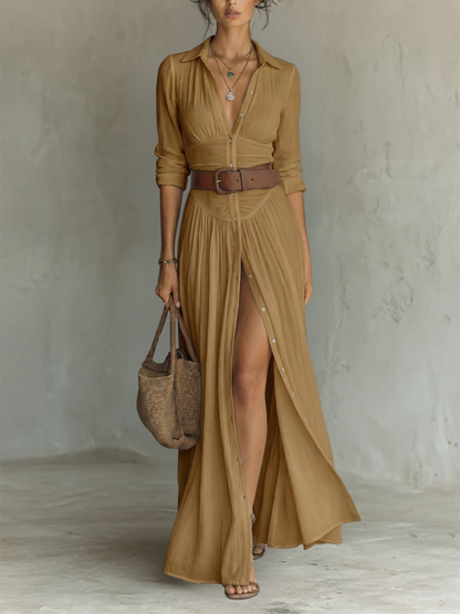 ESSENTIAL - Vestido largo de mujer con cuello de solapa y manga larga en lino