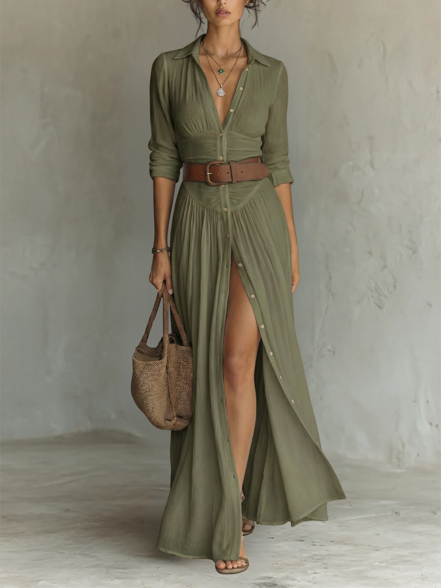 ESSENTIAL - Vestido largo de mujer con cuello de solapa y manga larga en lino
