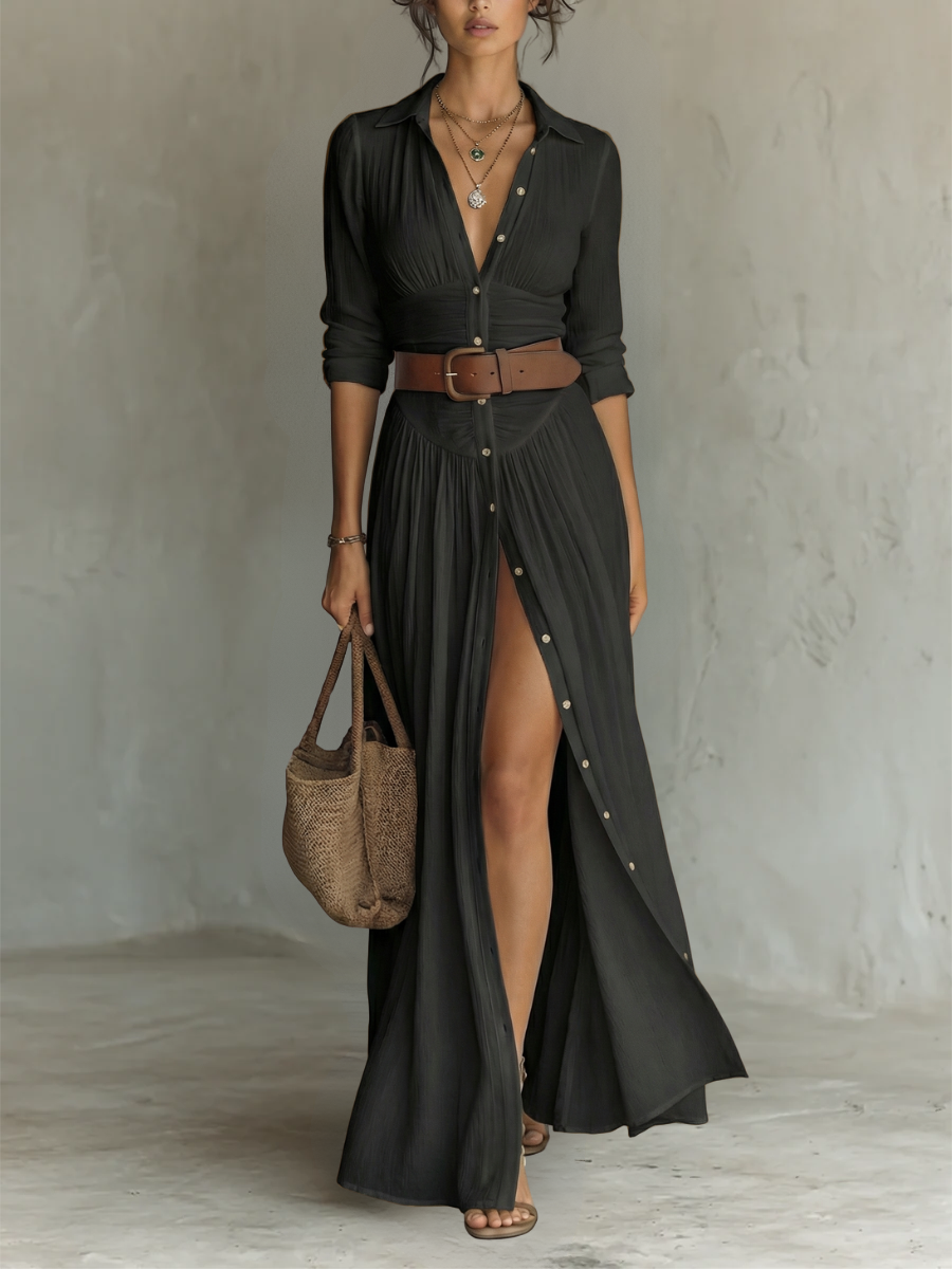 ESSENTIAL - Vestido largo de mujer con cuello de solapa y manga larga en lino