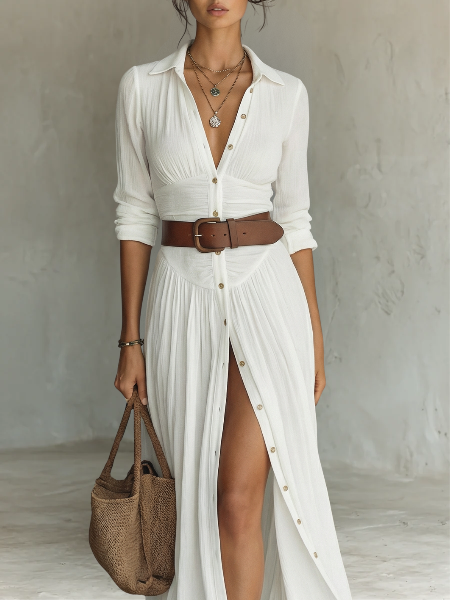 ESSENTIAL - Vestido largo de mujer con cuello de solapa y manga larga en lino