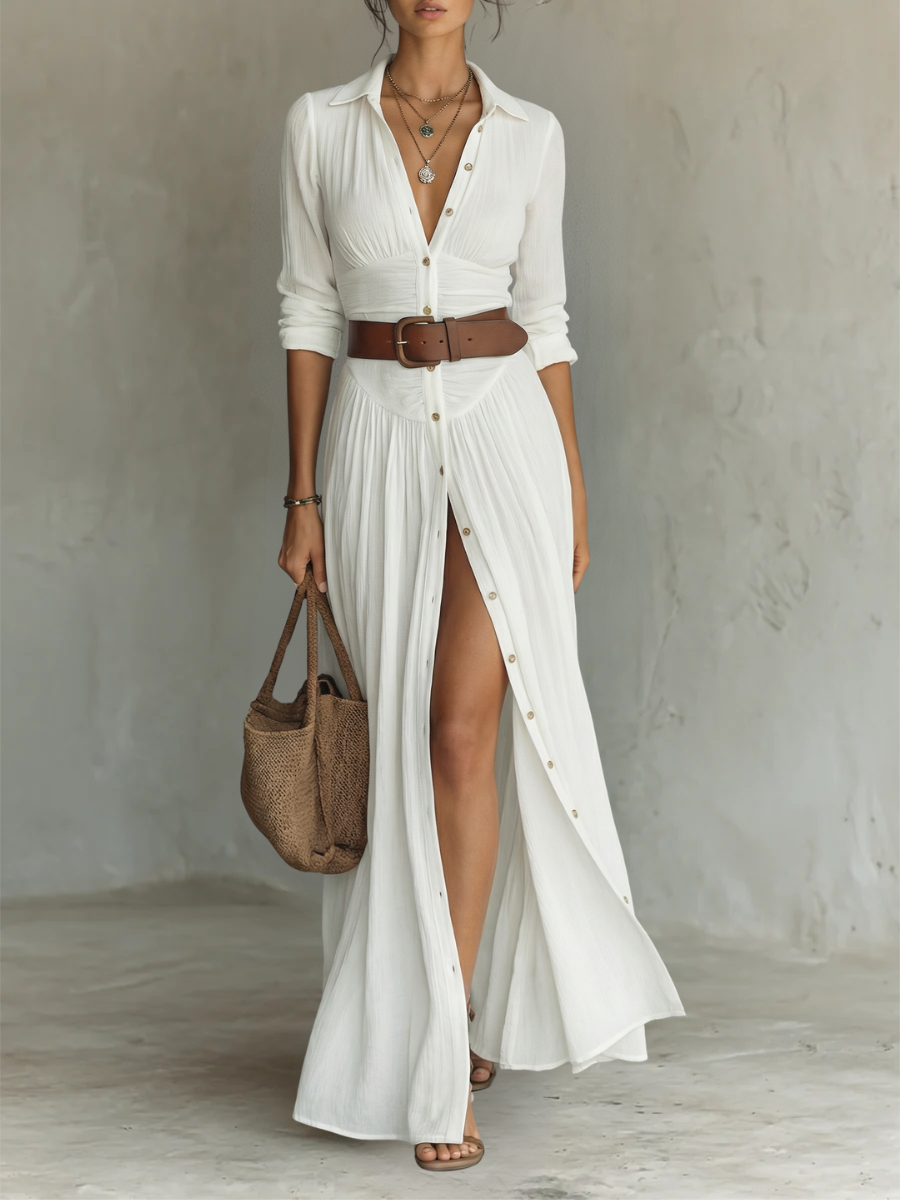 ESSENTIAL - Vestido largo de mujer con cuello de solapa y manga larga en lino
