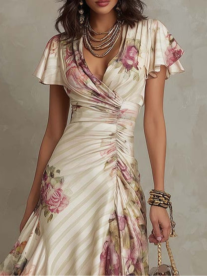 ESSENTIAL - Alba | Vestido midi elegante de satén con estampado floral retro ✨