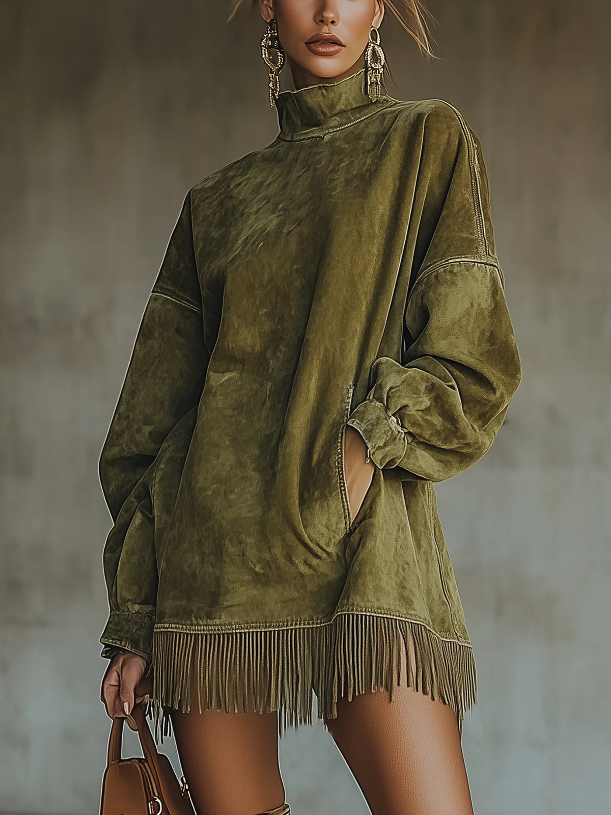 Amalia | Vestido de ante con flecos y cuello alto