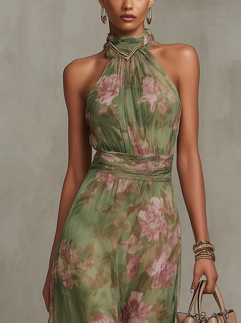 ESSENTIAL - Serena ∙ Vestido largo de gasa floral verde con escote halter
