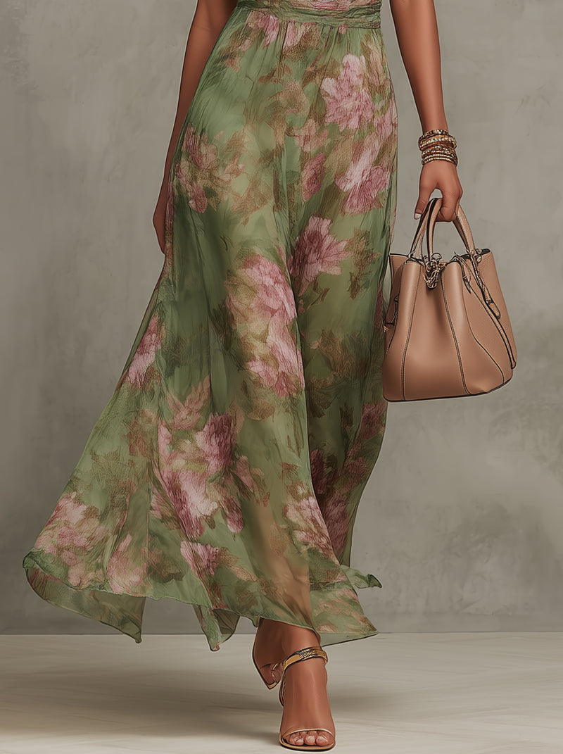 ESSENTIAL - Serena ∙ Vestido largo de gasa floral verde con escote halter