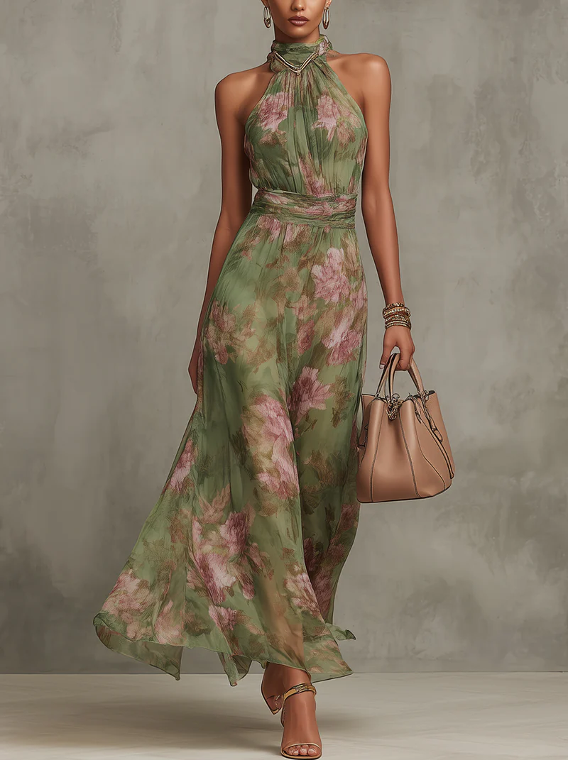 ESSENTIAL - Serena ∙ Vestido largo de gasa floral verde con escote halter