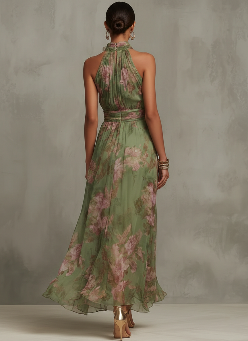 ESSENTIAL - Serena ∙ Vestido largo de gasa floral verde con escote halter