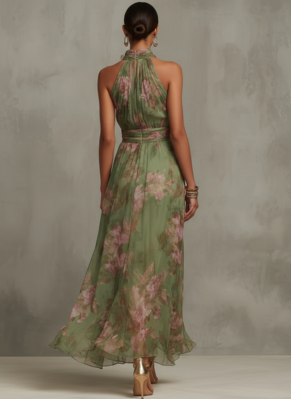ESSENTIAL - Serena ∙ Vestido largo de gasa floral verde con escote halter