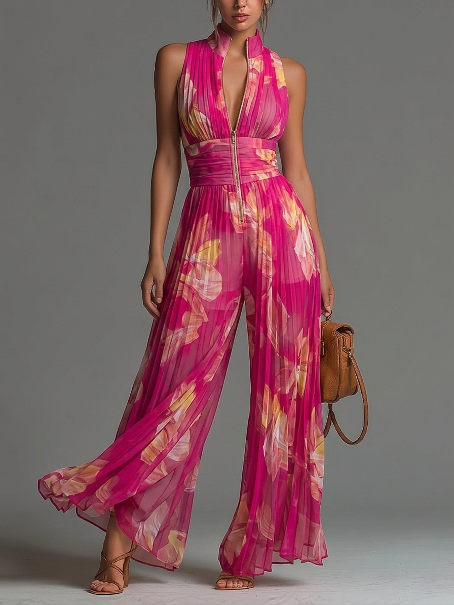 ESSENTIAL - Mono de gasa plisado con estampado floral fucsia