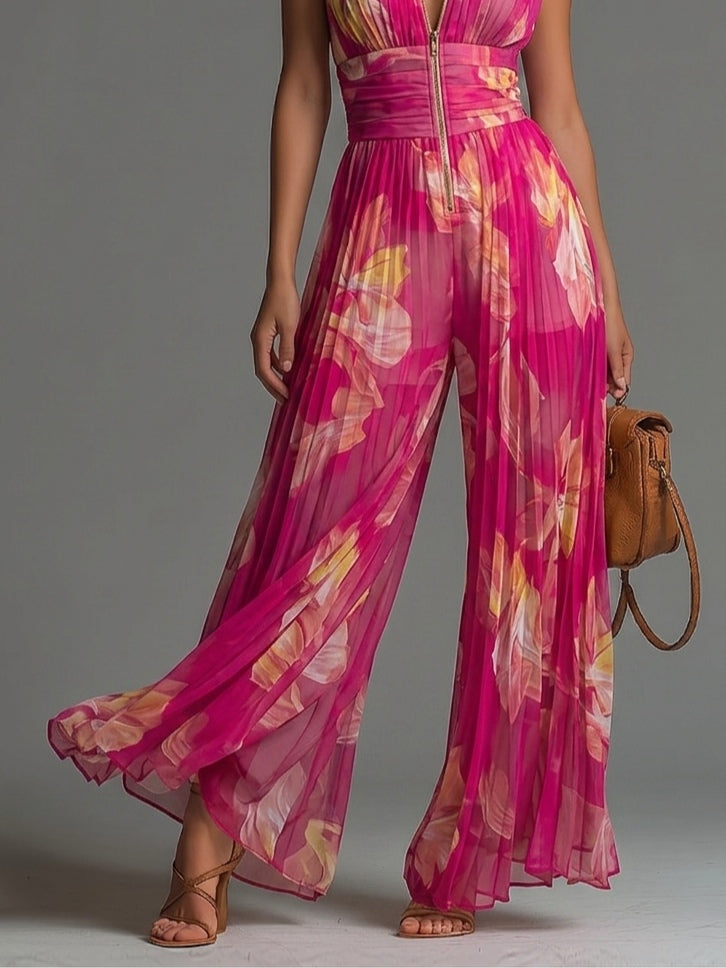 ESSENTIAL - Mono de gasa plisado con estampado floral fucsia