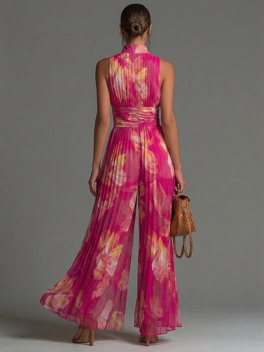 ESSENTIAL - Mono de gasa plisado con estampado floral fucsia