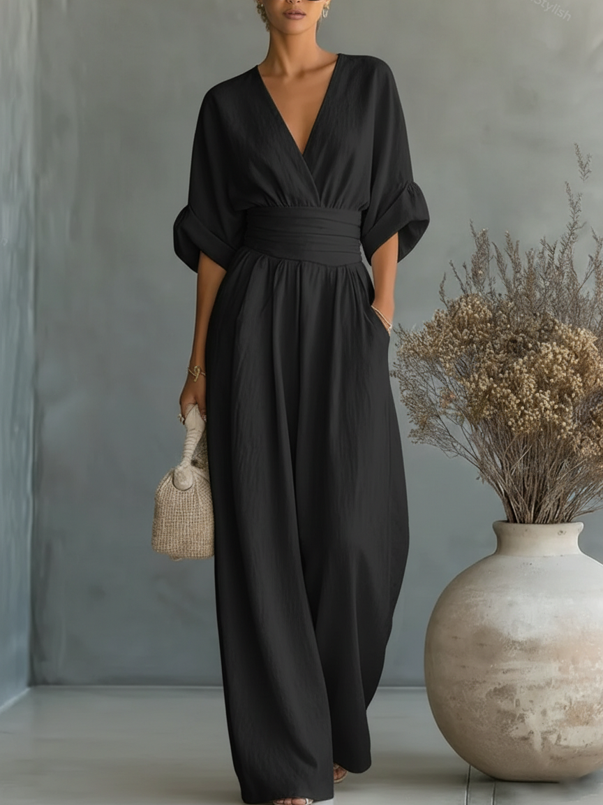 ESSENTIAL - Mono elegante de cintura alta con cuello en V