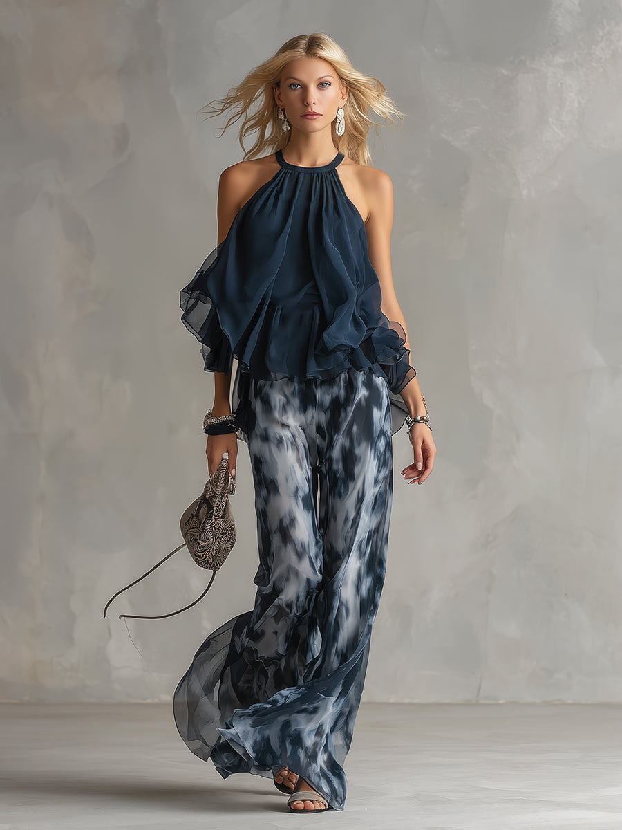 ESSENTIAL - Ludovica – Conjunto elegante de gasa con top de cuello alto y pantalón ancho estampado