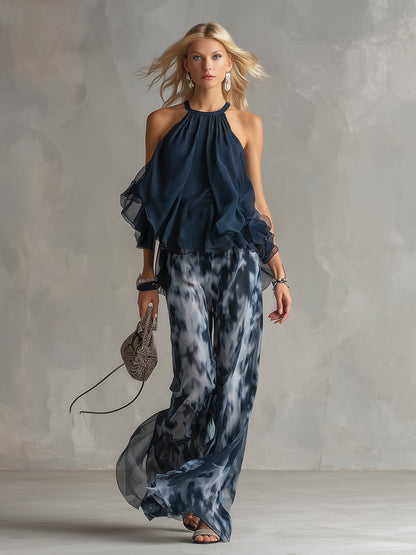 ESSENTIAL - Ludovica – Conjunto elegante de gasa con top de cuello alto y pantalón ancho estampado