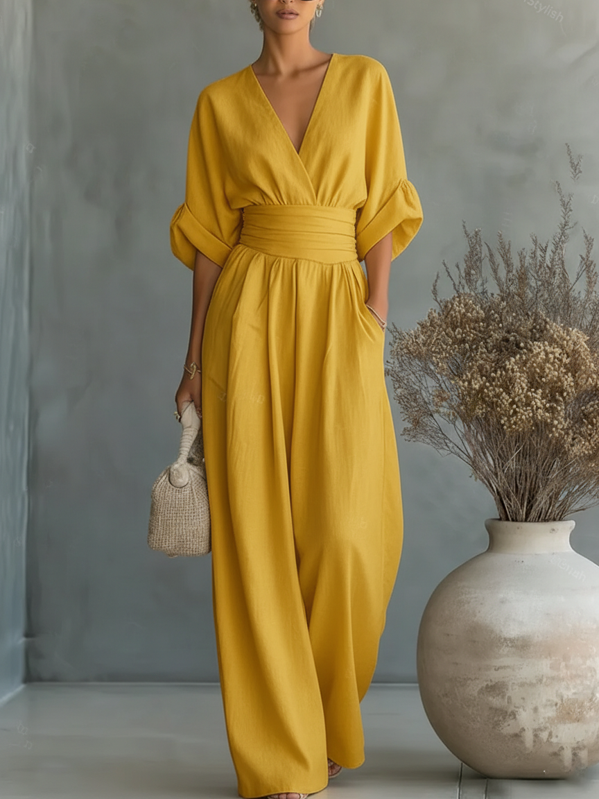 ESSENTIAL - Mono elegante de cintura alta con cuello en V