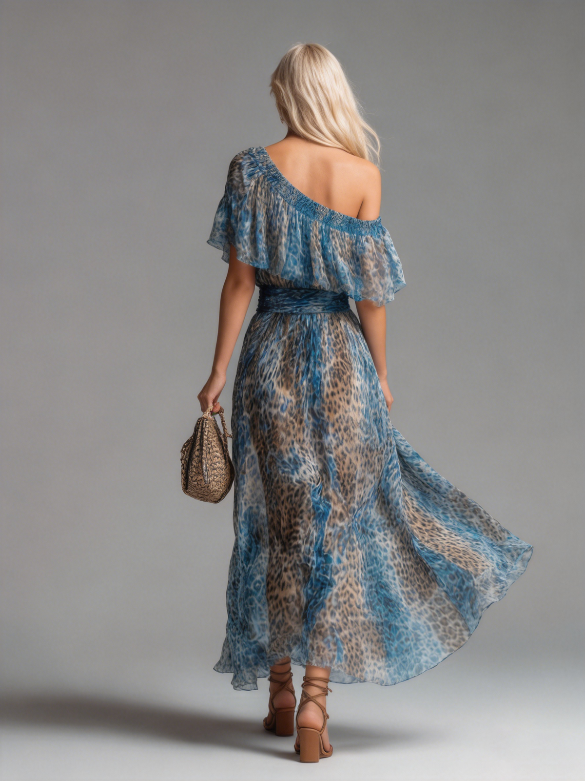 🔥 Selvaggia – Vestido largo de gasa con hombros al descubierto y estampado de leopardo