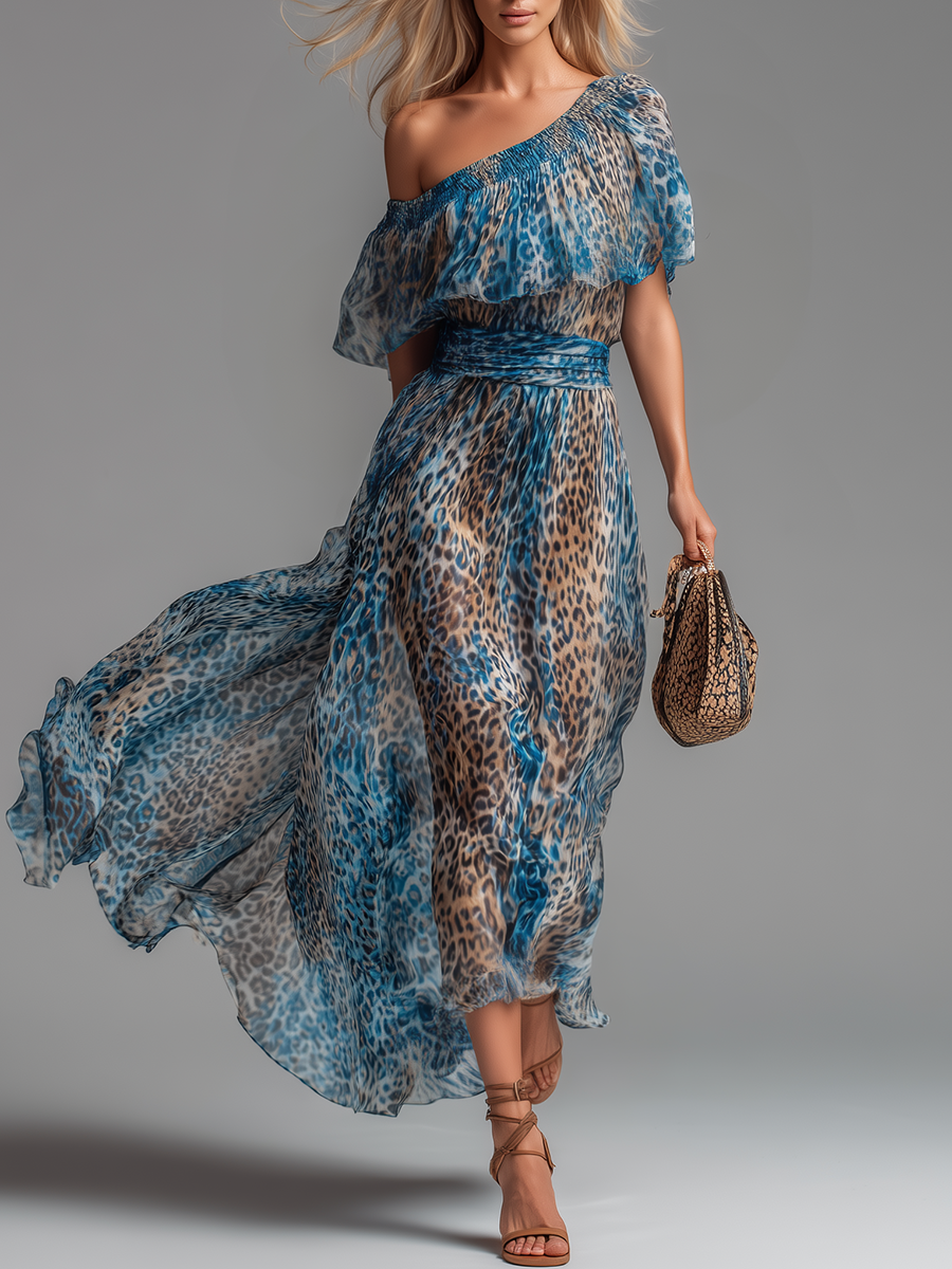 🔥 Selvaggia – Vestido largo de gasa con hombros al descubierto y estampado de leopardo