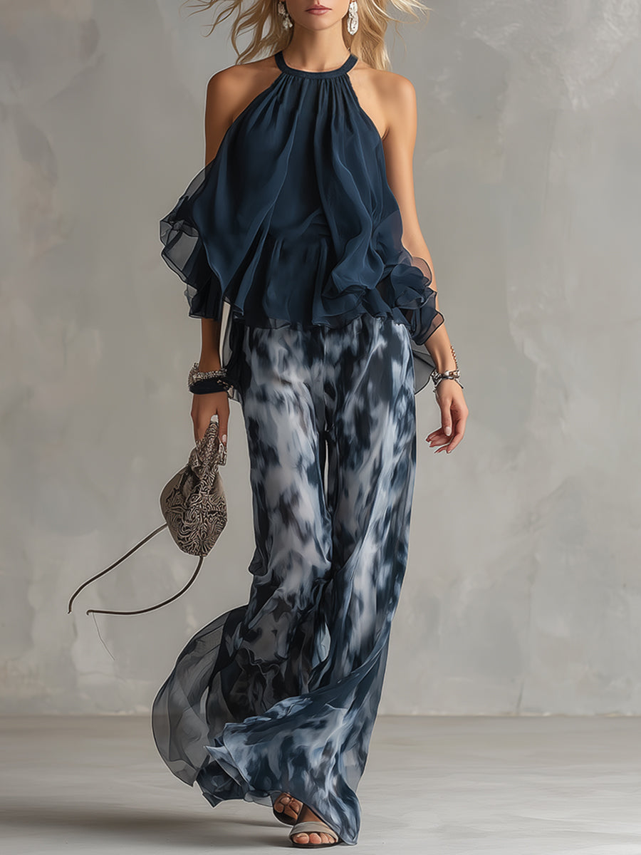ESSENTIAL - Ludovica – Conjunto elegante de gasa con top de cuello alto y pantalón ancho estampado