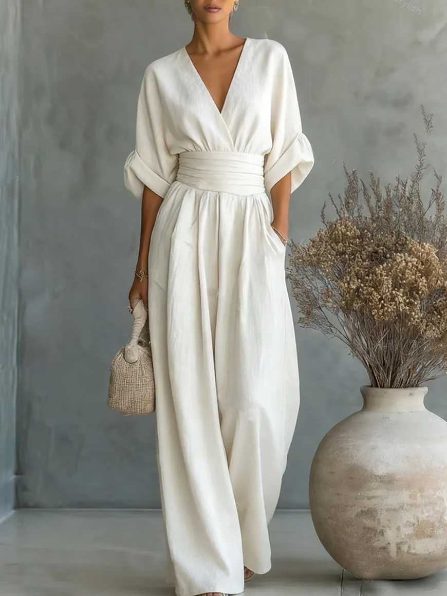 ESSENTIAL - Mono elegante de cintura alta con cuello en V