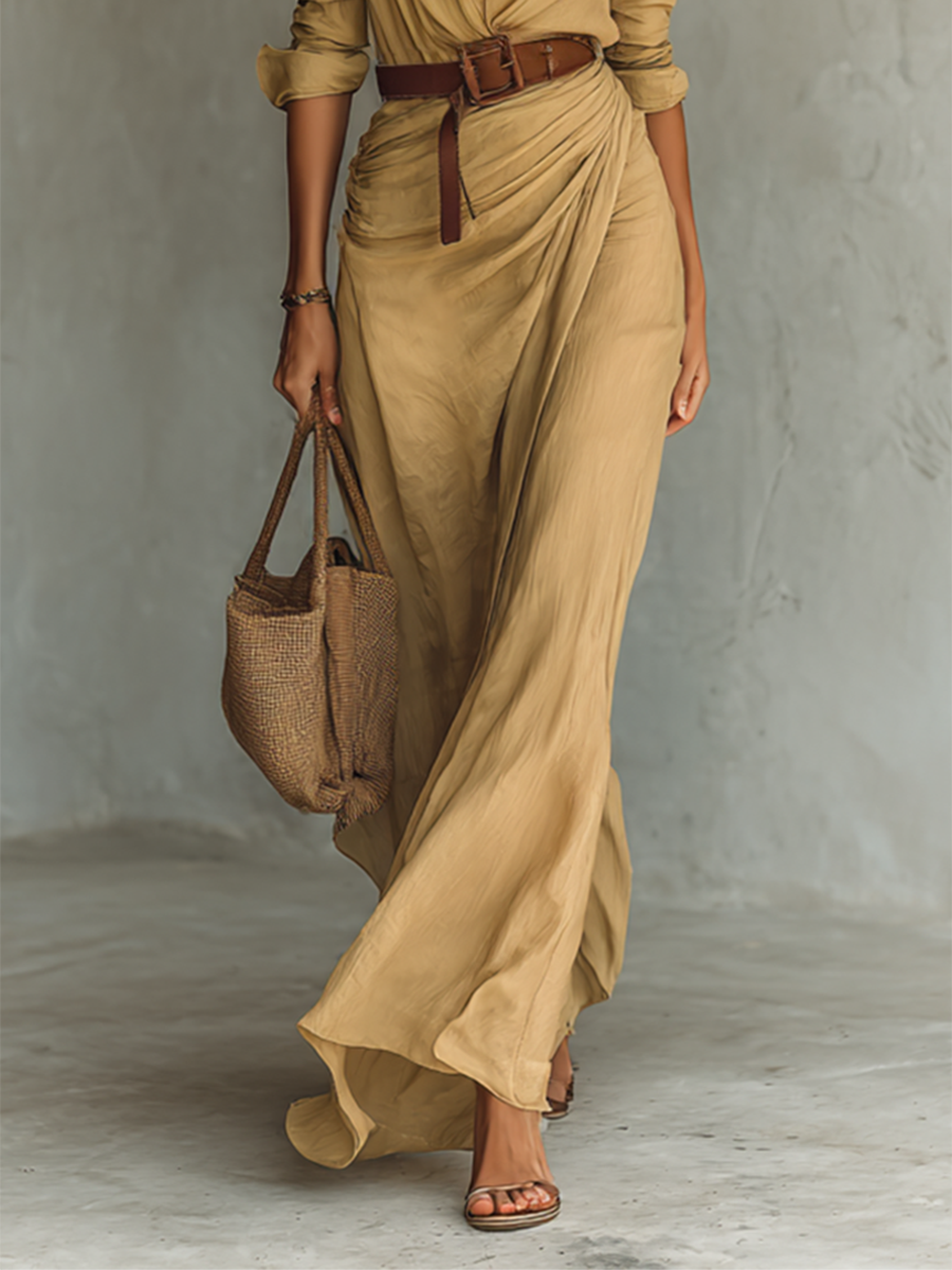 ESSENTIAL - Vestido largo de mujer con cuello de solapa y manga larga