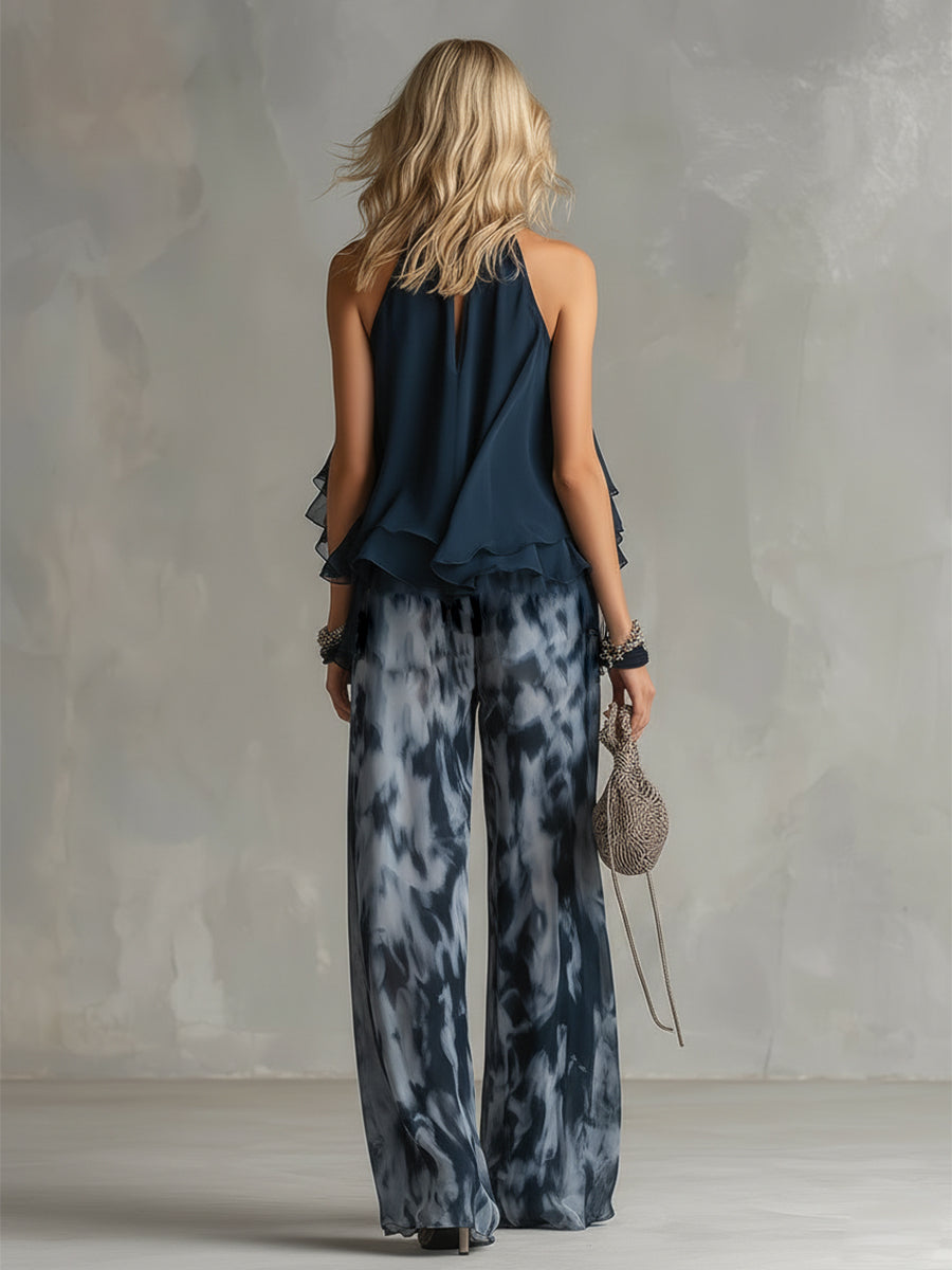ESSENTIAL - Ludovica – Conjunto elegante de gasa con top de cuello alto y pantalón ancho estampado