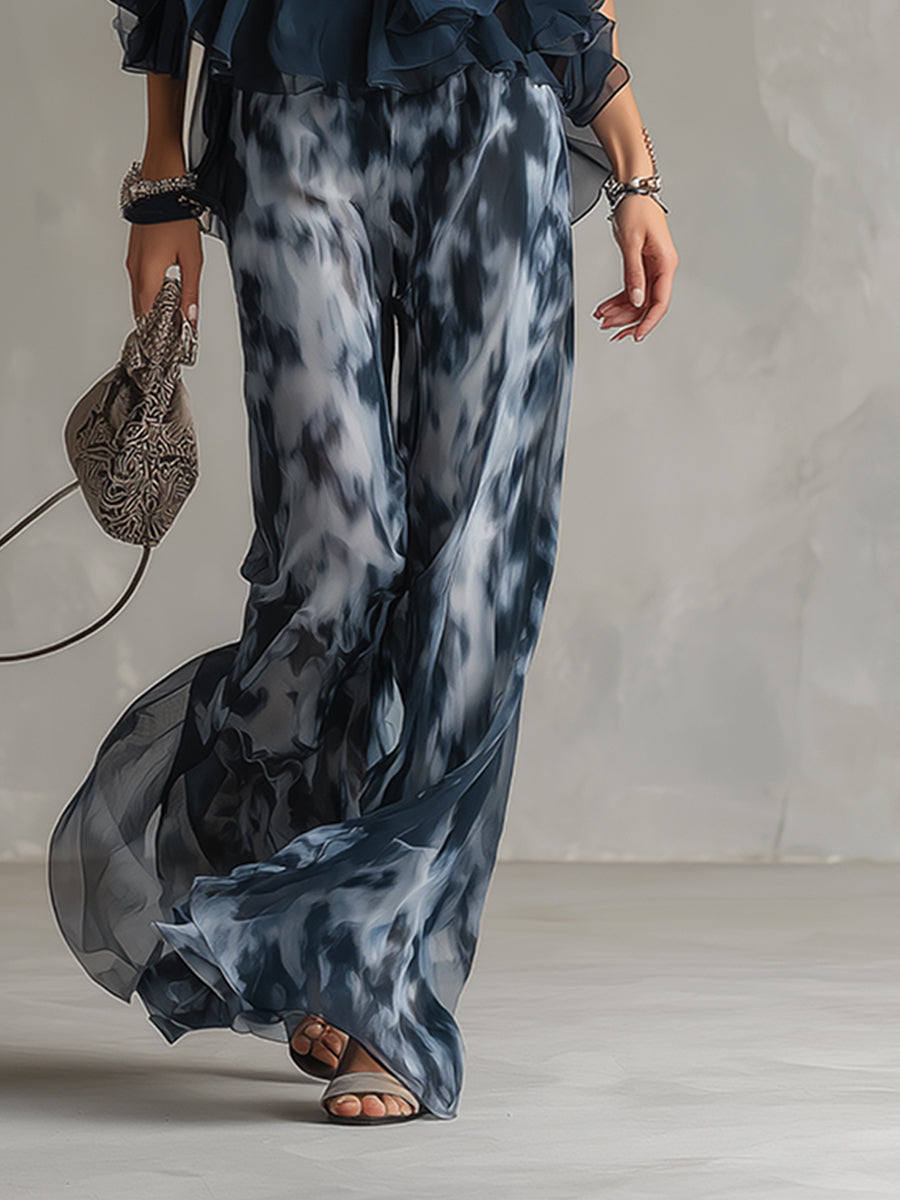 ESSENTIAL - Ludovica – Conjunto elegante de gasa con top de cuello alto y pantalón ancho estampado