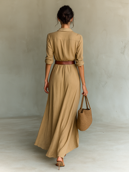 ESSENTIAL - Vestido largo de mujer con cuello de solapa y manga larga