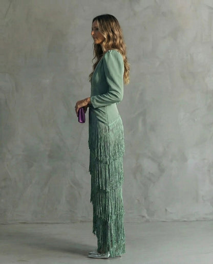 Chiara – Vestido elegante con mangas de flecos