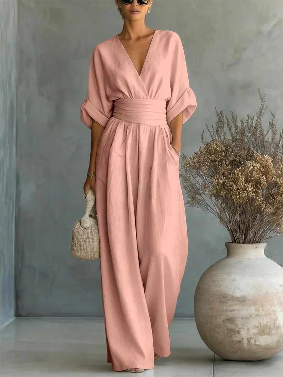 ESSENTIAL - Mono elegante de cintura alta con cuello en V