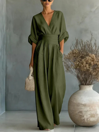 ESSENTIAL - Mono elegante de cintura alta con cuello en V